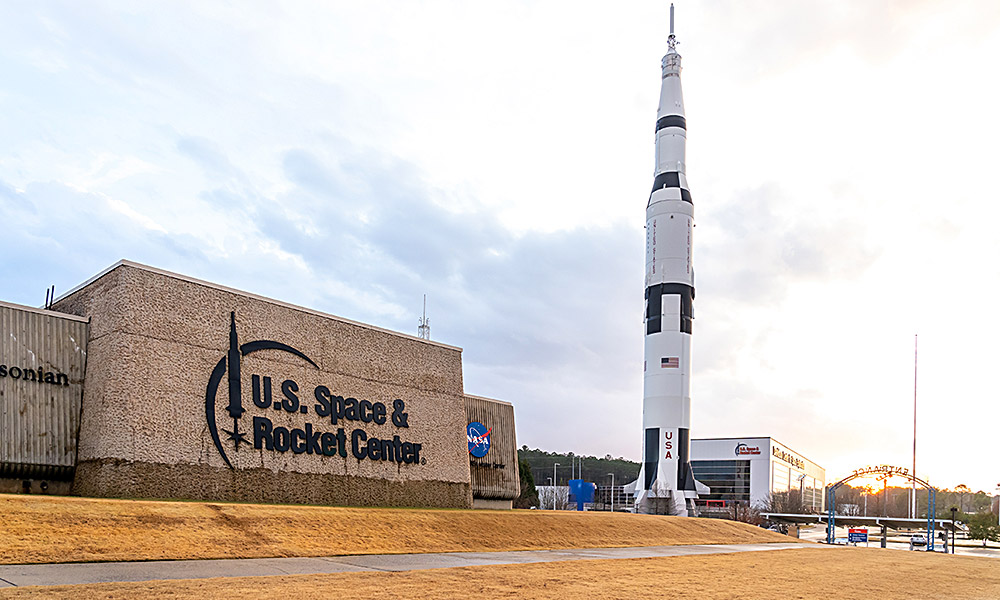 Huntsville, Alabama, USA - December 29, 2021: The exterior view of the U.S. Space and Rocket Center in Huntsville, Alabama, USA, Alabama is a museum operated by the government of Alabama.