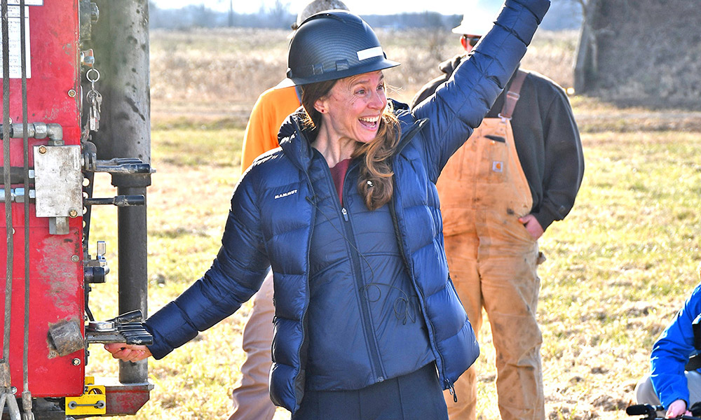 Deep Fission CEO Liz Muller at the site of world’s first mile-deep nuclear reactor in Great Plains Industrial Park in Parsons, Kansas. Photo courtesy of Tim Stauffer, Iola Register
