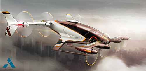 Rendering of Vahana, a single-passenger autonomous personal VTOL aircraft, to be developed under Airbus’ “Urban Air Mobility” programs.