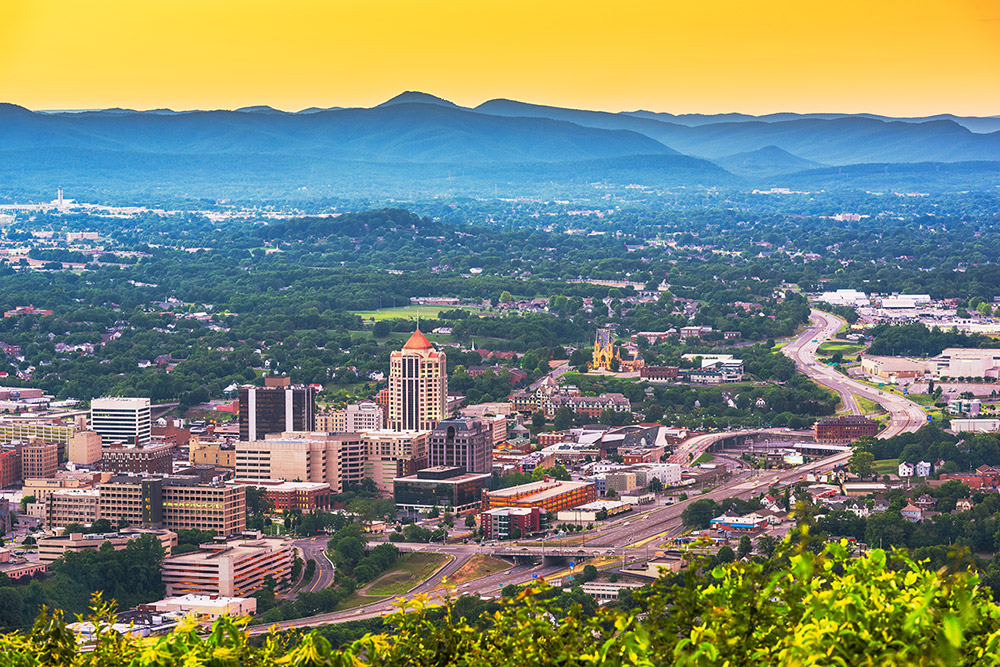 Roanoke, Virginia, USA downtown skyline at dusk.