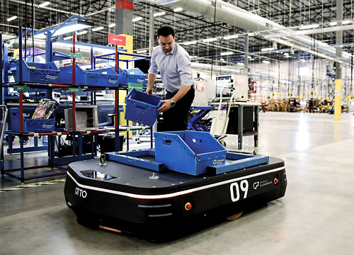 The OTTO 1500, a collaborative robot made by OTTO Motors, a division of Clearpath, is designed for material transport.