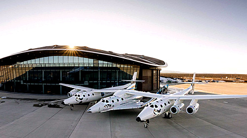 The Virgin Galactic Spaceflight System in front of Spaceport America