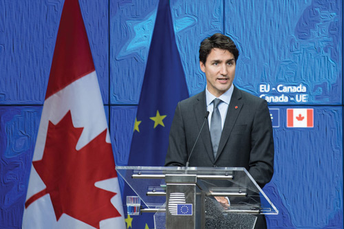 Prime Minister Justin Trudeau participates in the EU-Canada Leaders’ Summit and CETA signing ceremony in Brussels, Belgium, in October 2016.