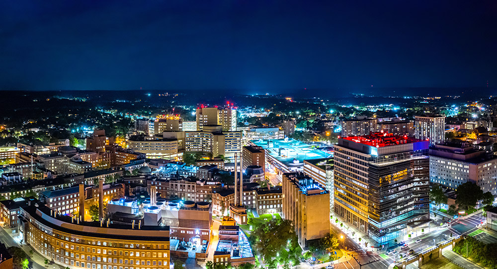 An aerial view of New Haven at night. 