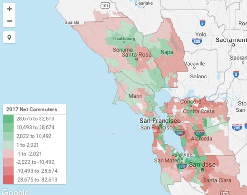 In 2017, 11,000 net commuters (in red) left the Santa Rosa and Napa metro areas daily to work elsewhere. Source: Emsi Developer.